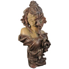 Art Nouveau Terra Cotta Woman with Flowers by Goldsheider, circa 1900