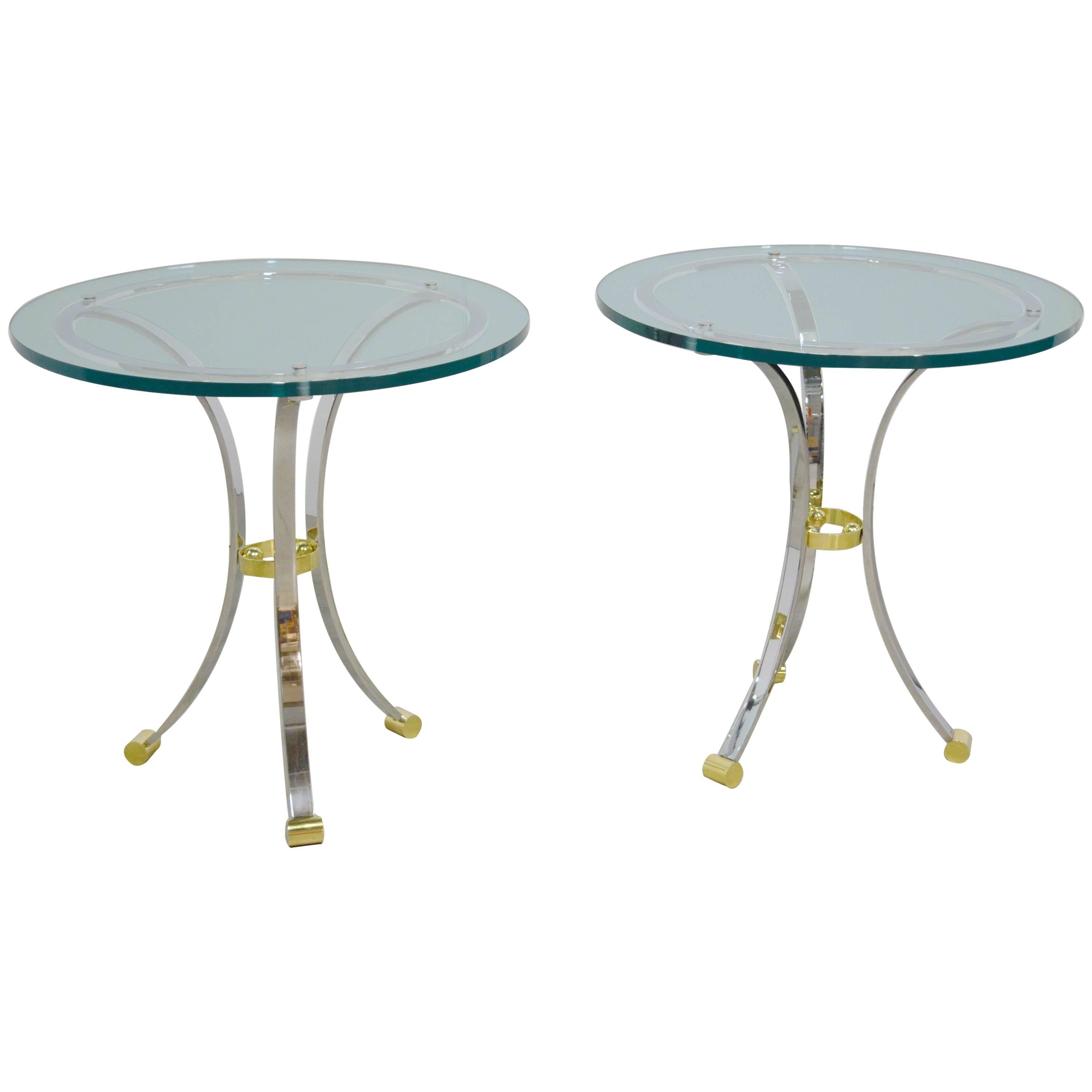 Pair of Chrome and Brass Jansen Styled Gueridons or Side Tables