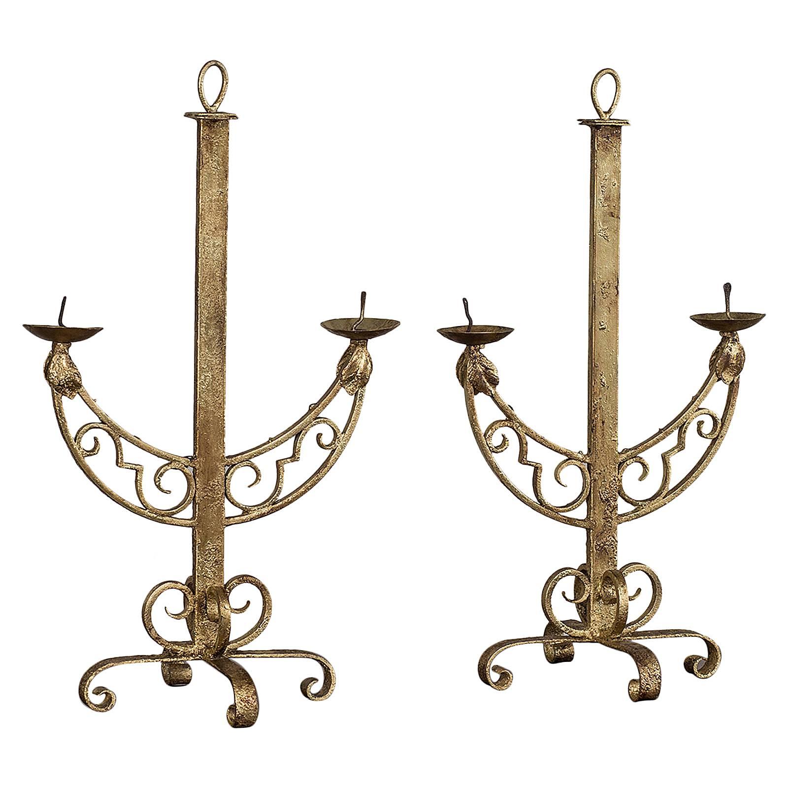 Pair of Vintage French Art Deco Period Gilded Iron Candlesticks, circa 1930 For Sale