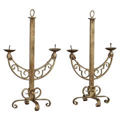 Pair of Vintage French Art Deco Period Gilded Iron Candlesticks, circa 1930