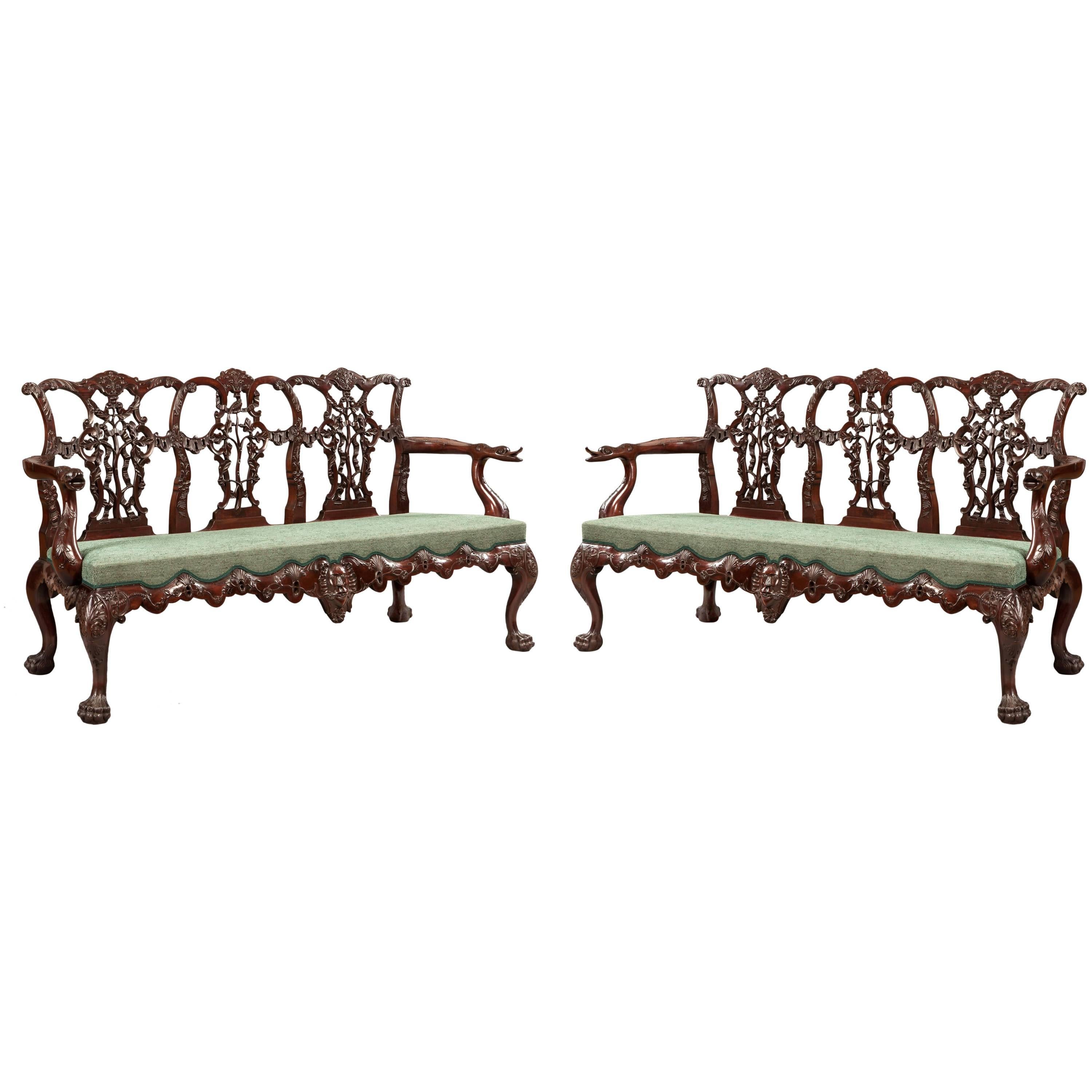 Pair of Antique Carved Mahogany Settee's in the Chippendale Manner For Sale