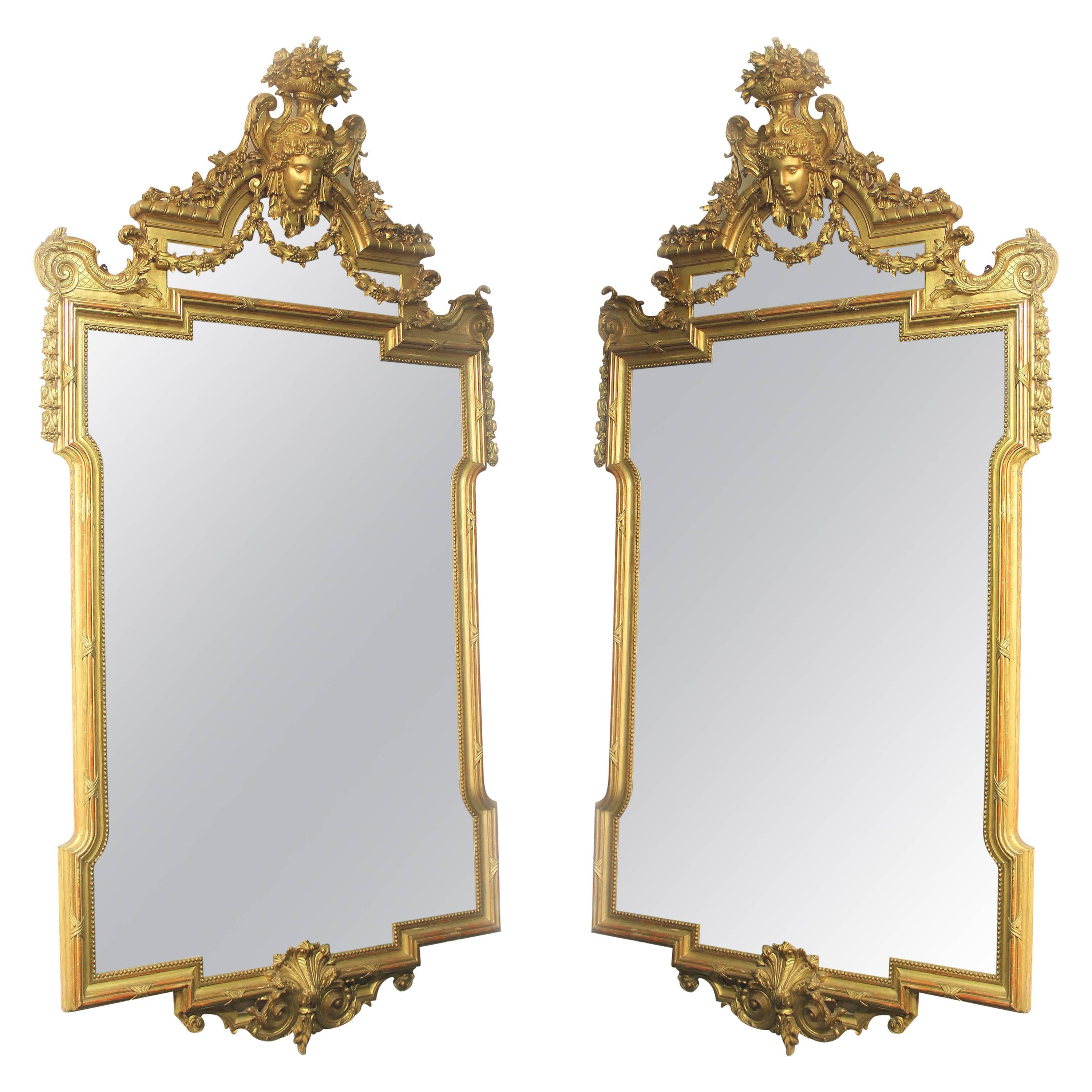 Fine Pair of Large Late 19th Century Hand-Carved Giltwood Mirrors