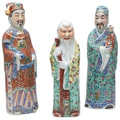 Three Chinese God Porcelain Figures, Prosperity, Longevity and Happiness