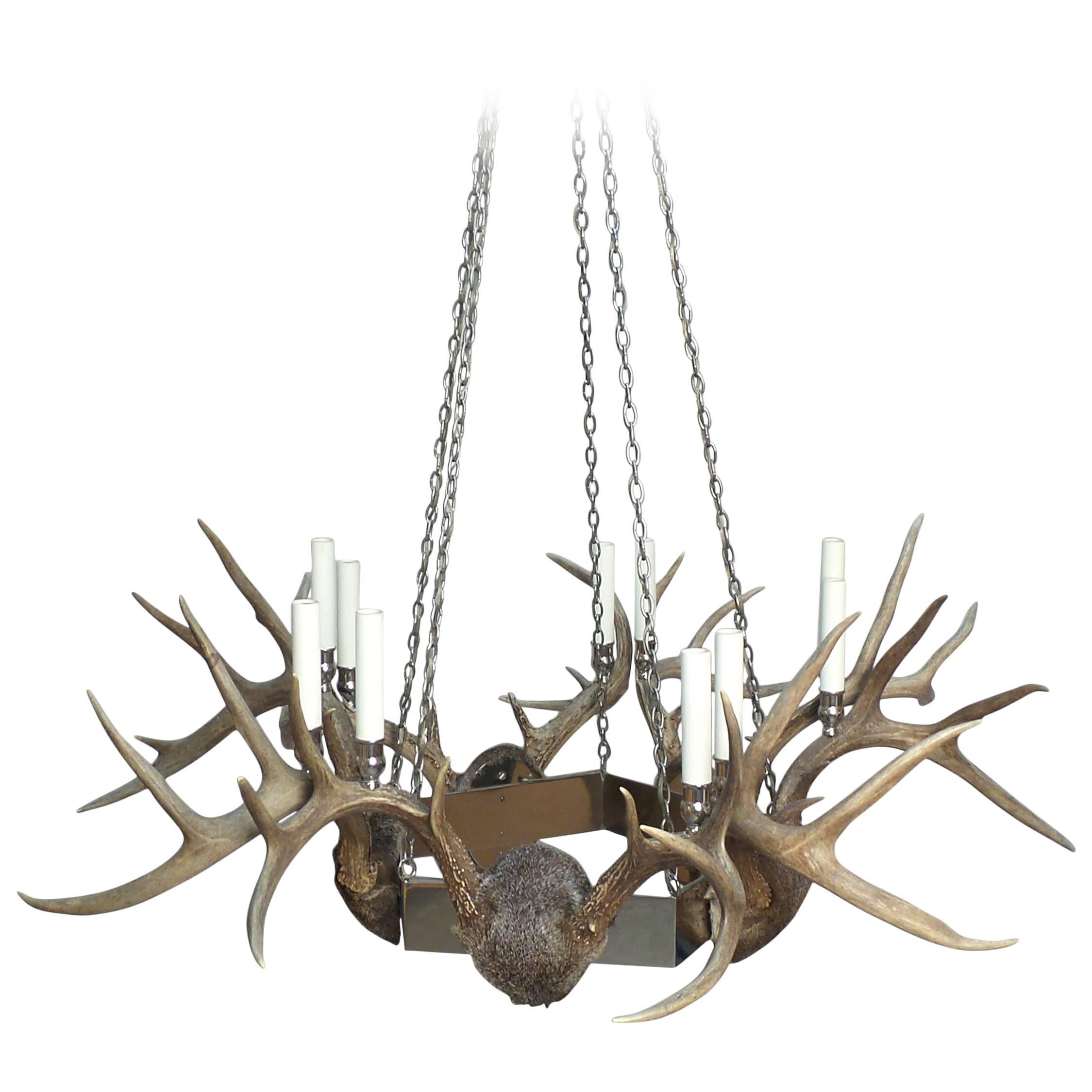 Antler and Chrome Chandelier For Sale