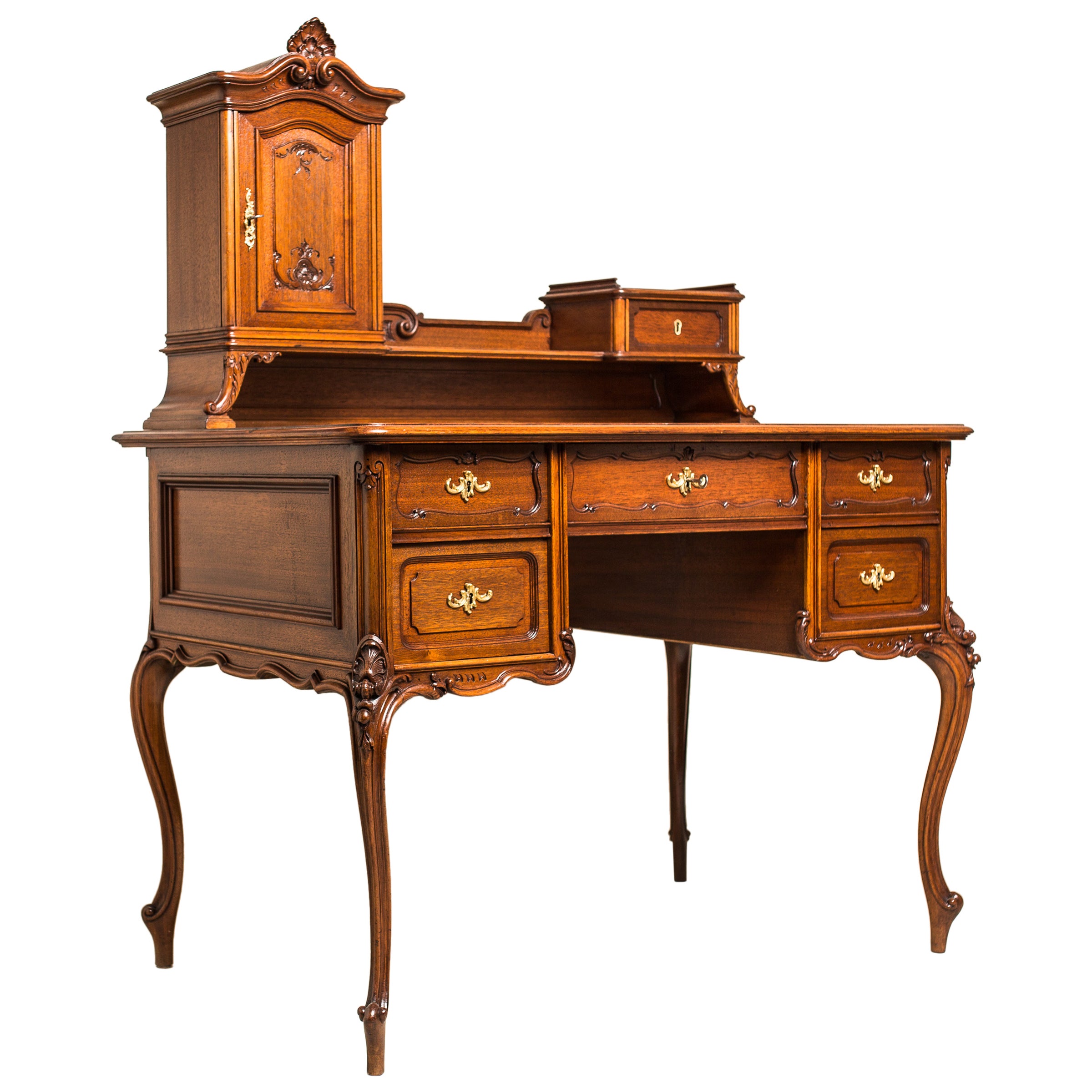 Antique Jacobean Spanish Revival Walnut Hand Painted Secretary Writing