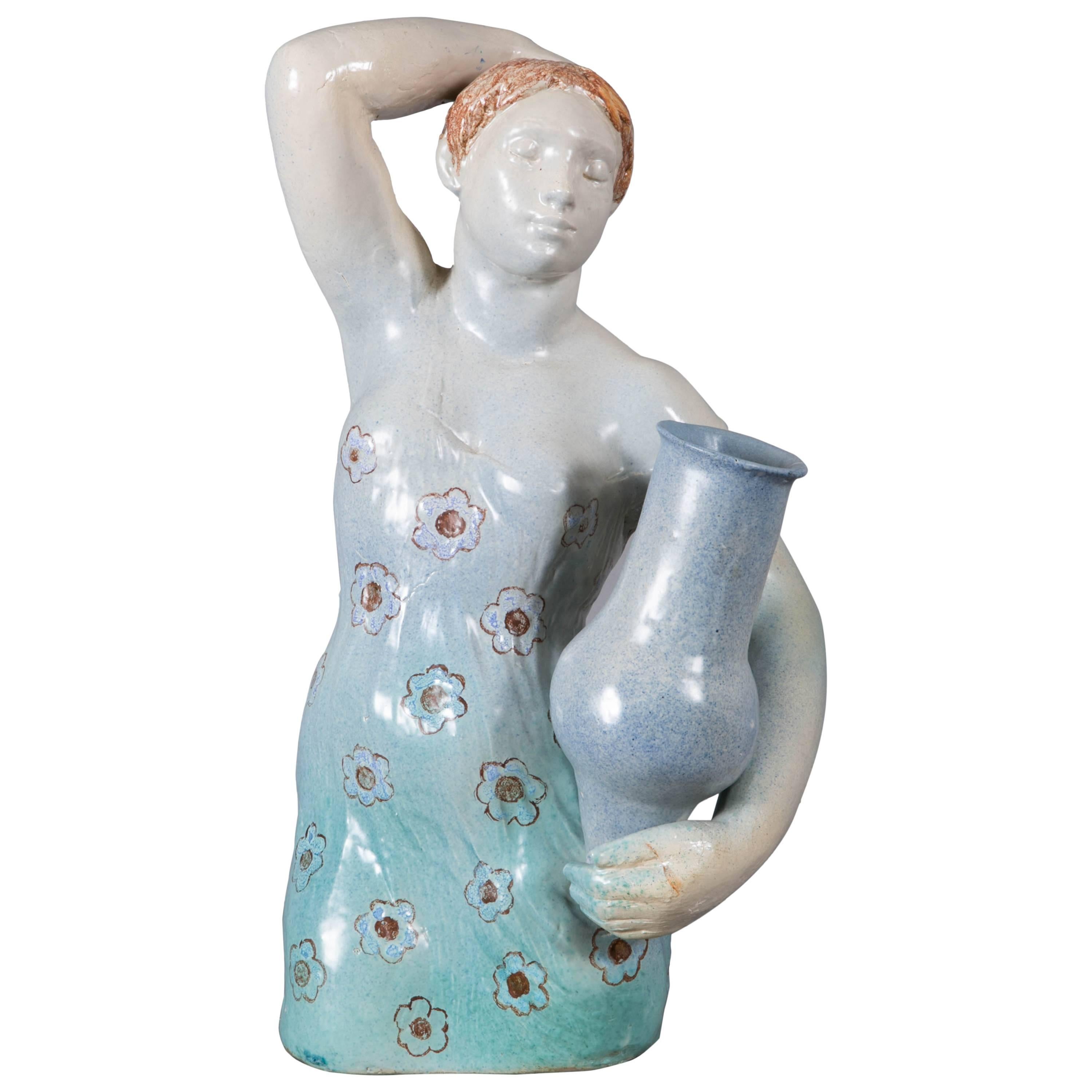 Blue enameled ceramic woman, 1960's, by Odette LEPELTIER.