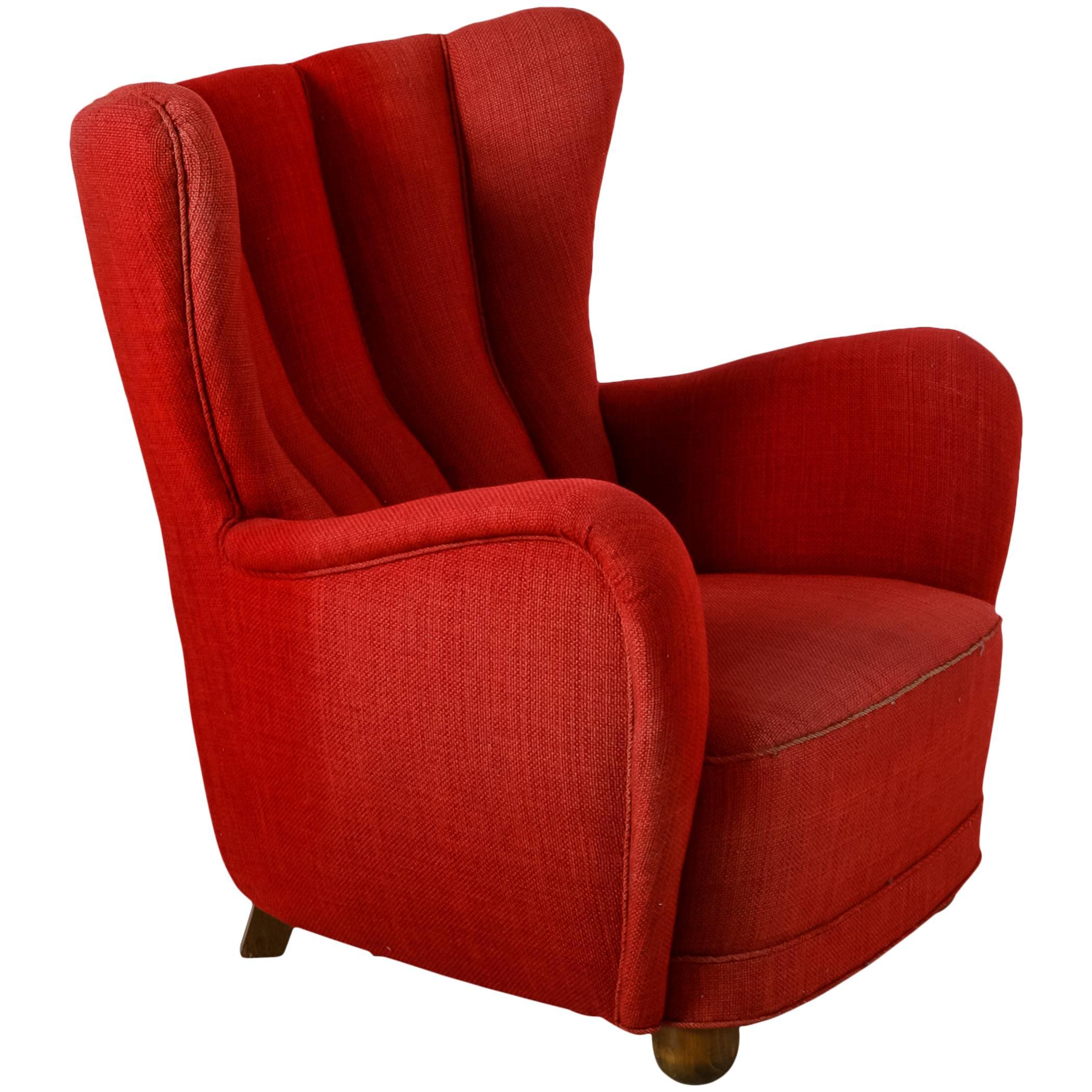 Danish Highback Easy Chair with Red Wool Upholstery, 1940s For Sale