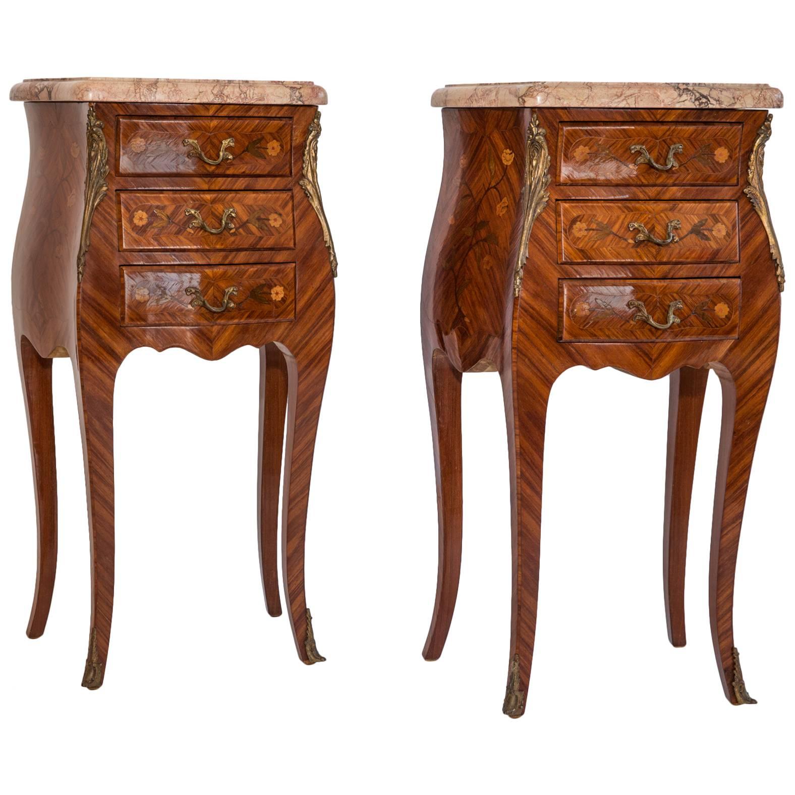 Pair of French Marquetry Inlaid Louis XV Nightstands For Sale