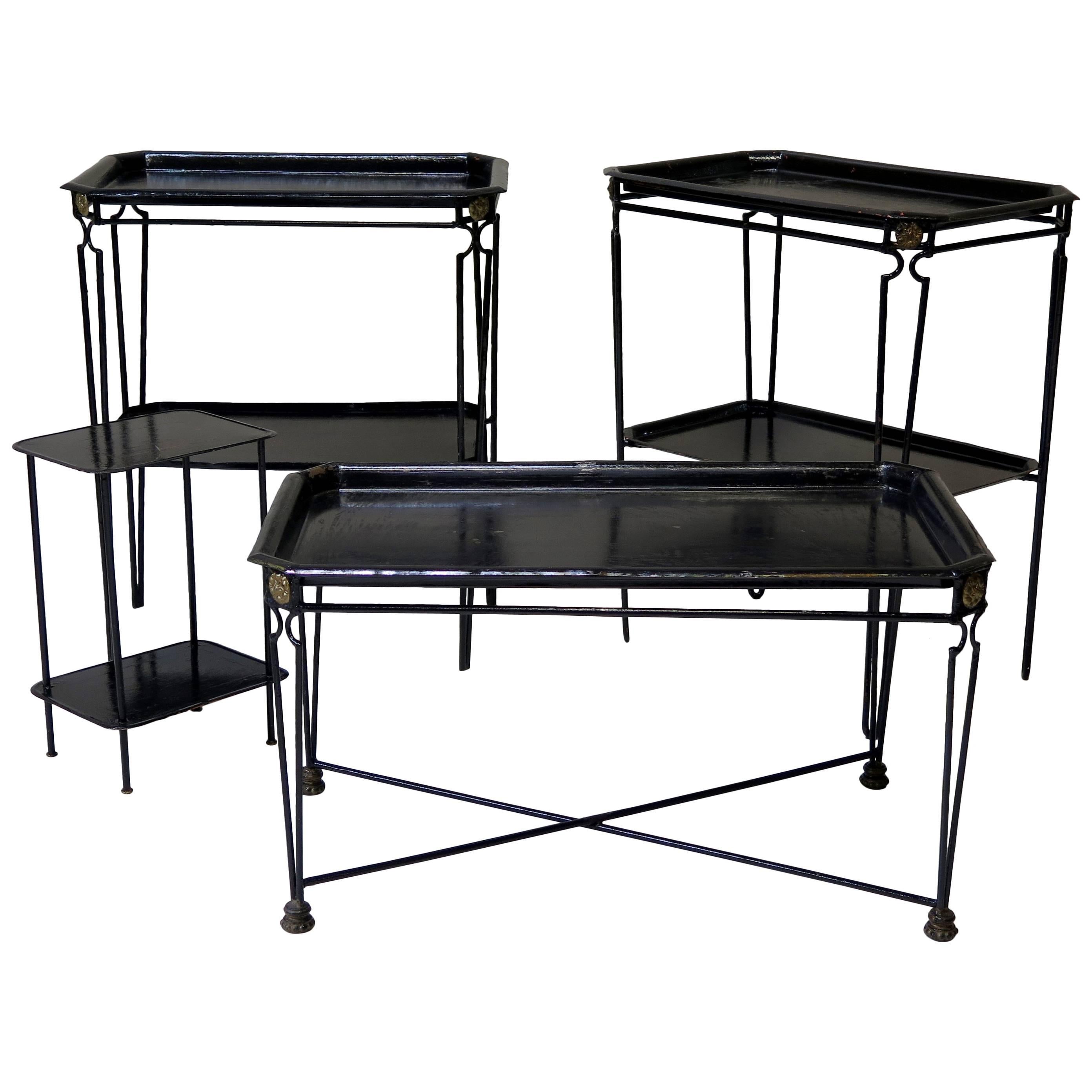 Four Black Painted Metal Tray Tables in the 1940s Style, France, circa 1960s For Sale