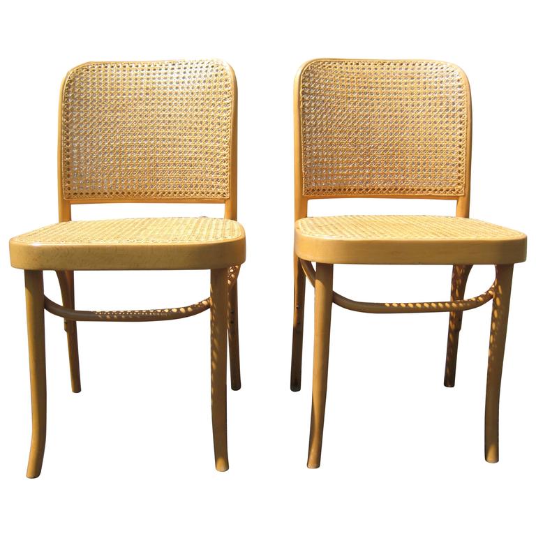 Pair of Josef Hoffmann Poland cane bentwood side chairs, mid-20th century, offered by the White Warehouse