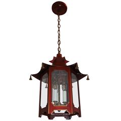 Vintage Chinoiserie Red Gold Gilt Pagoda Lantern Fixture Chandelier