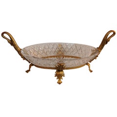 Wonderful French Doré Bronze and Cut Crystal Ormolu Swan Large Centerpiece Bowl