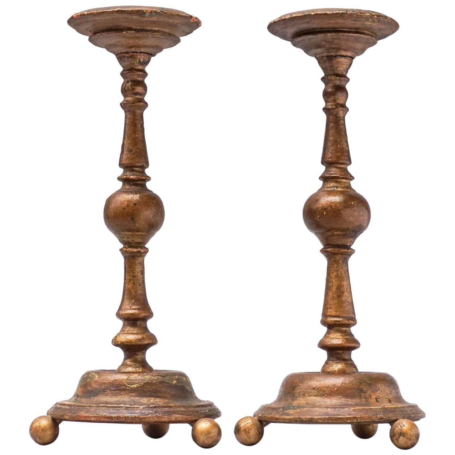 Two Large 18th C. French Polychromed Bois Doré or Gold Painted Wood Candlesticks For Sale