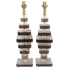 Pair of Midcentury Stacked "Graduated" Lucite Table Lamps