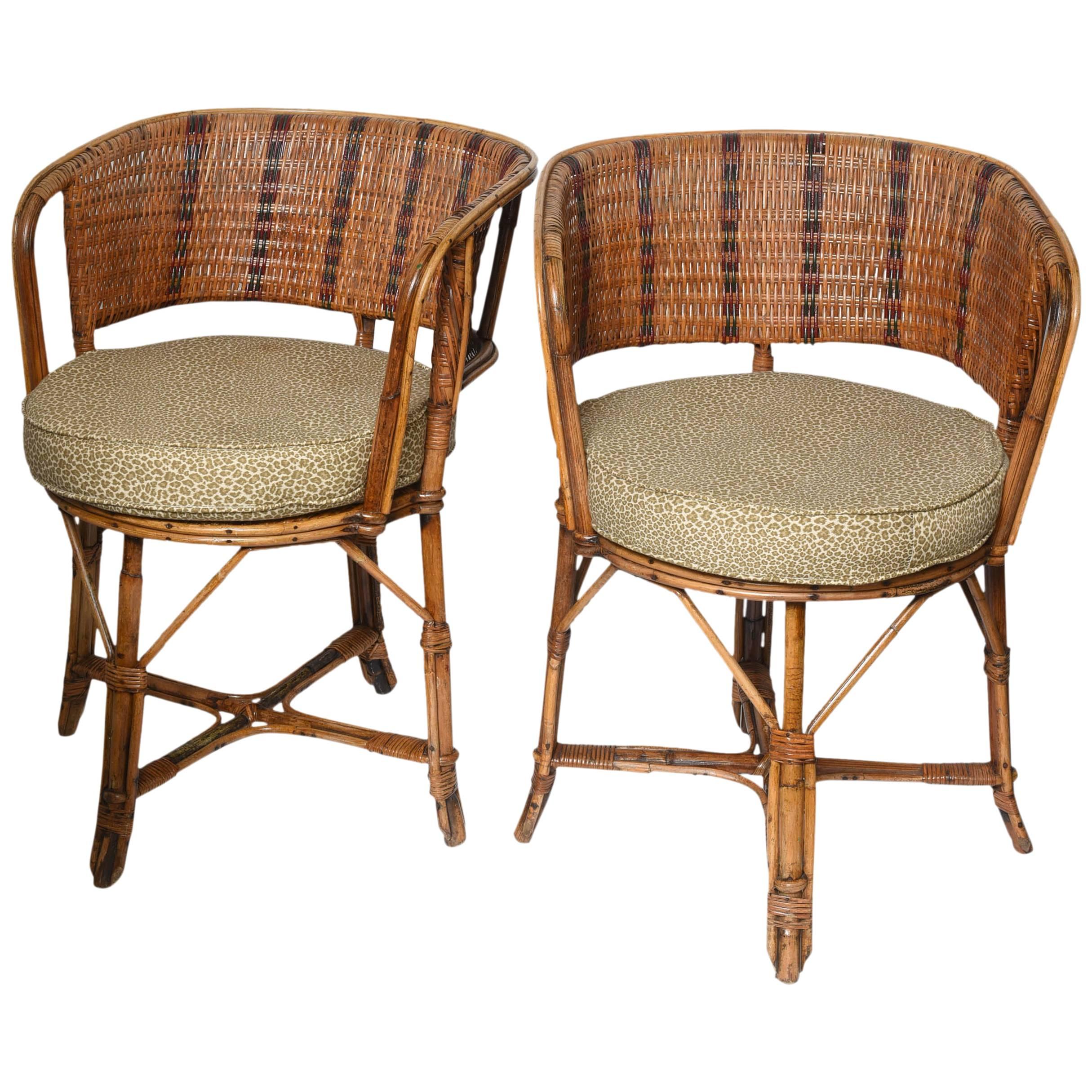 Pair of Vintage French Rattan "Tub" Chairs