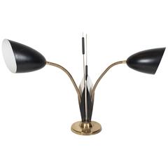 Mid-Century Black Enamel and Brass Gooseneck Lamp with Cat Tail Motif 1