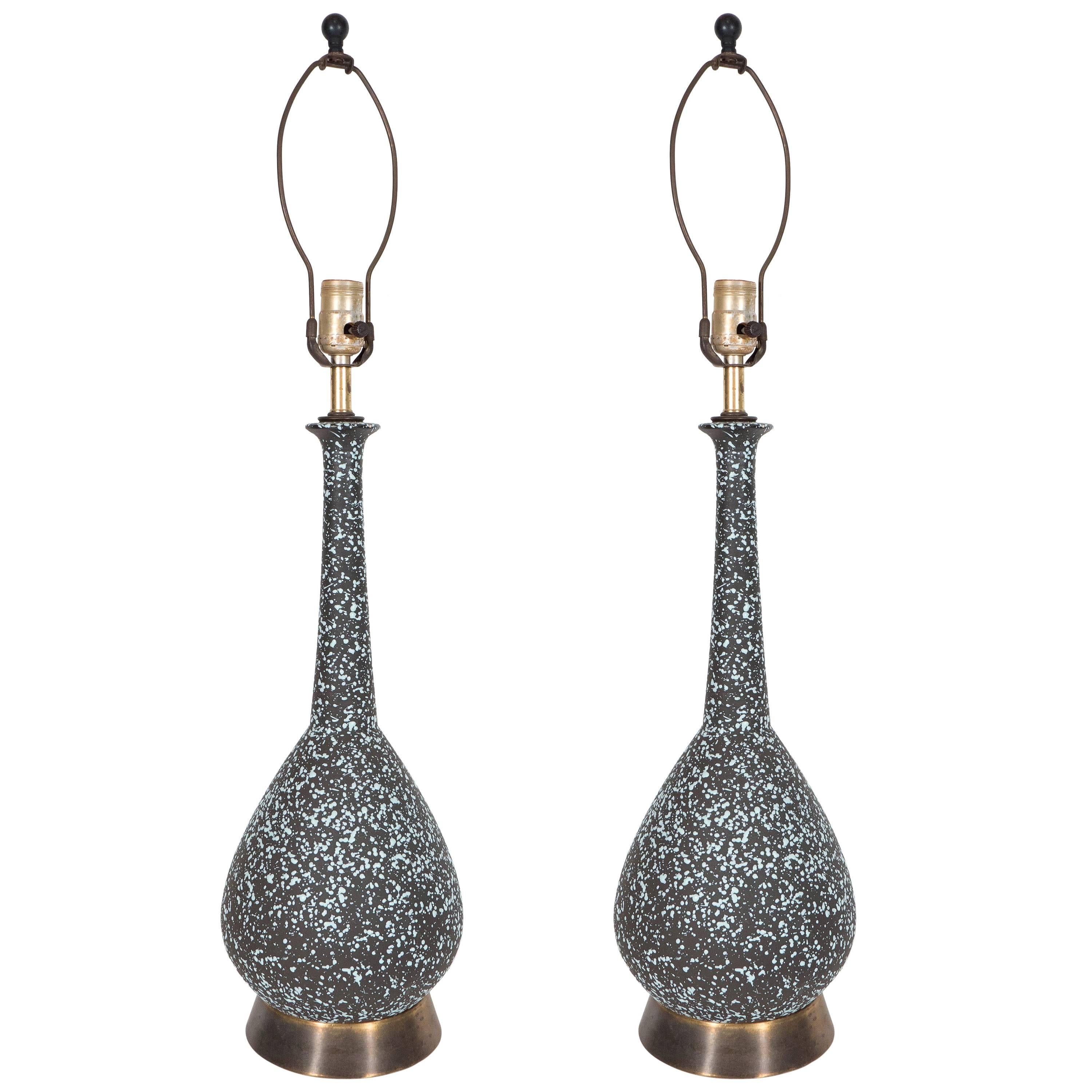 Pair of Mid-Century Lamps with Elongated Necks in Black and Aqua Volcanic Glaze