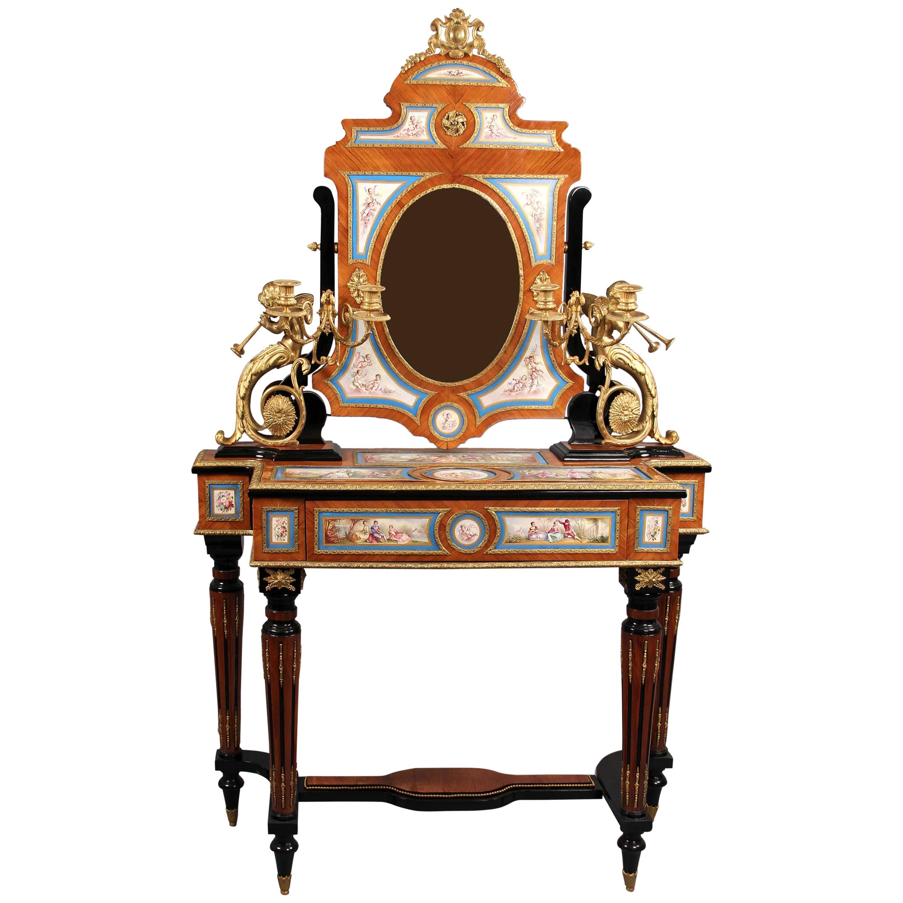 Beautiful Late 19th Century Gilt Bronze and Sevres Style Dressing Table For Sale
