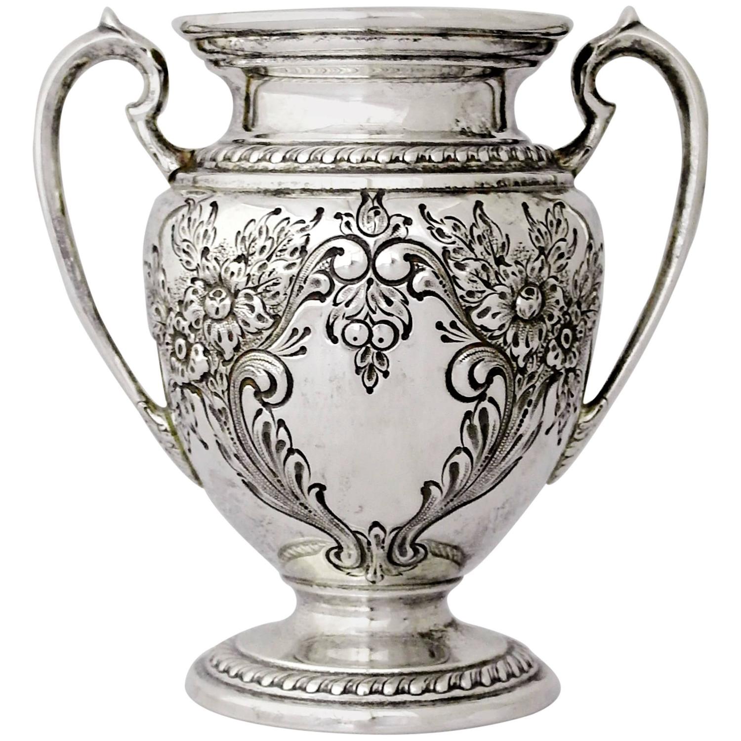 Ellmore Sterling Silver Hand Chased Handled Vase at 1stdibs