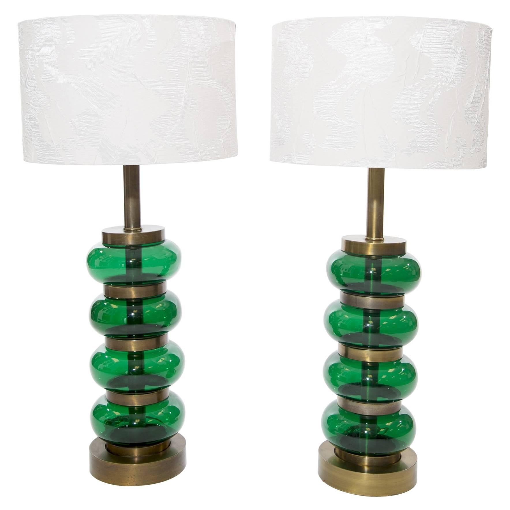 Large Pair of Brass and Glass Orb Lamps by Paul Hanson 