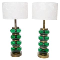 Large Pair of Brass and Glass Orb Lamps by Paul Hanson 12