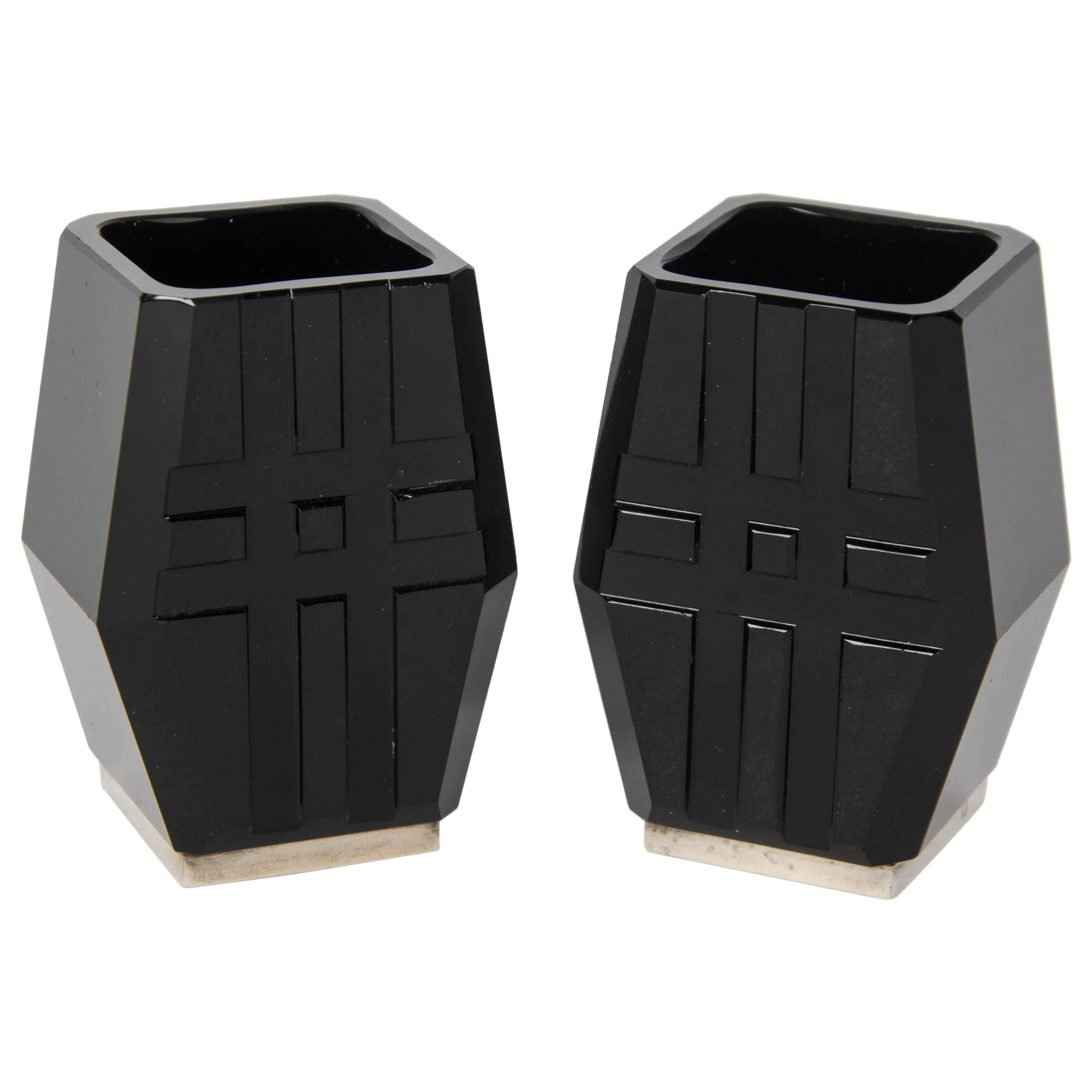 Pair of silver mounted match holders in the manner of Jean Luce