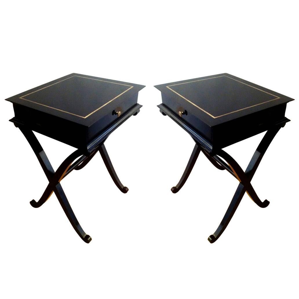 Maurice Hirsch Stamped "x" Shaped Black Lacquered Side Tables or Bedsides For Sale