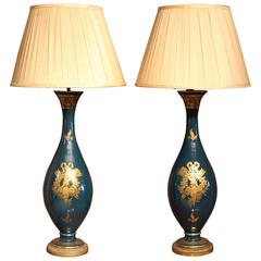 Pair of Swan Neck Sevres Style Continental Blue and Gilt Porcelain Lamps