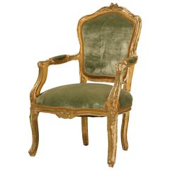 French Louis XV Style Gilded Armchair with Silk Velvet