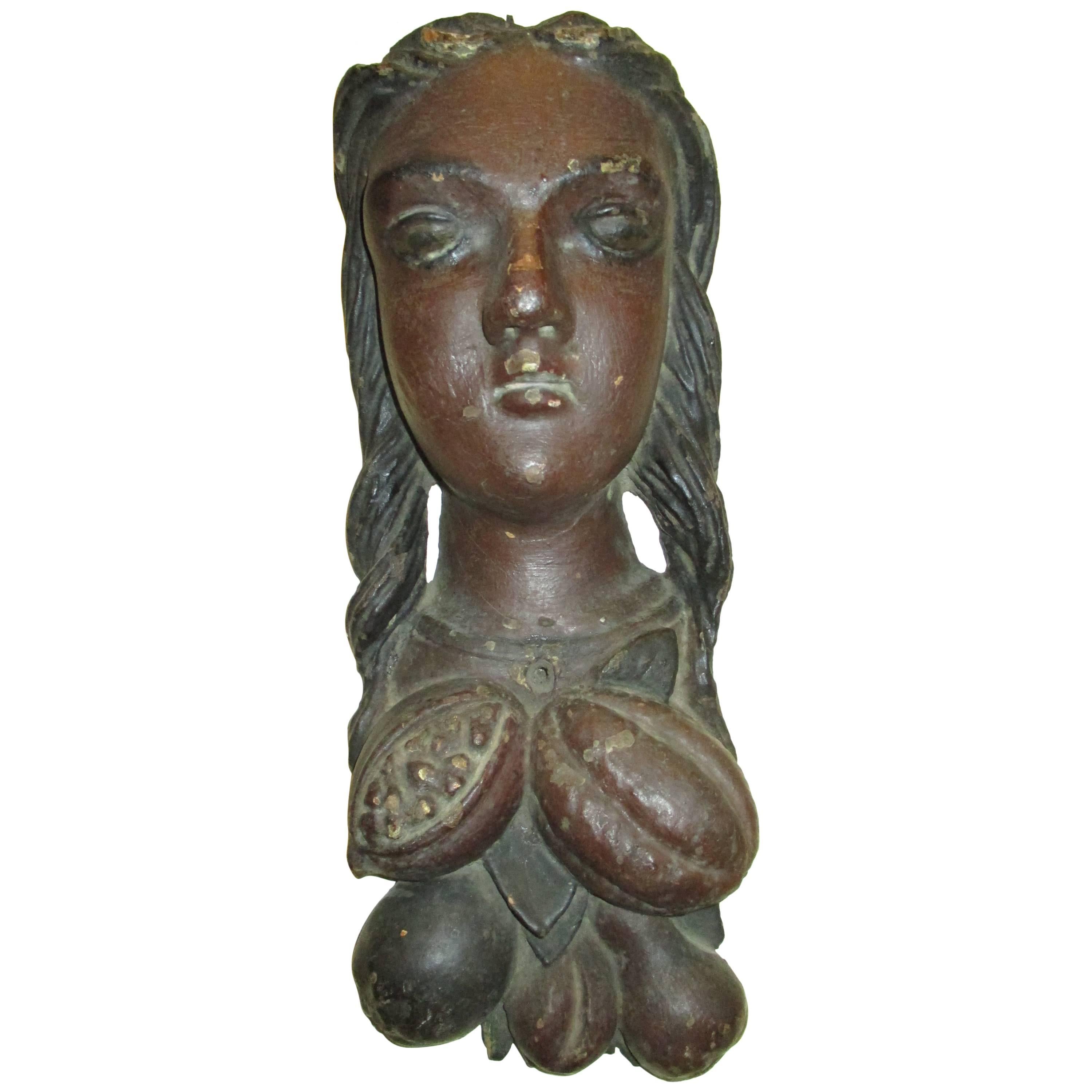 19th Century Folk Art Carving of a Female with Cocoa Pods and Fruit For Sale