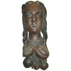 19th Century Folk Art Carving of a Female with Cocoa Pods and Fruit