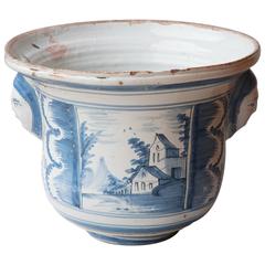 Antique Large 18th Century Blue And White Cache Pot