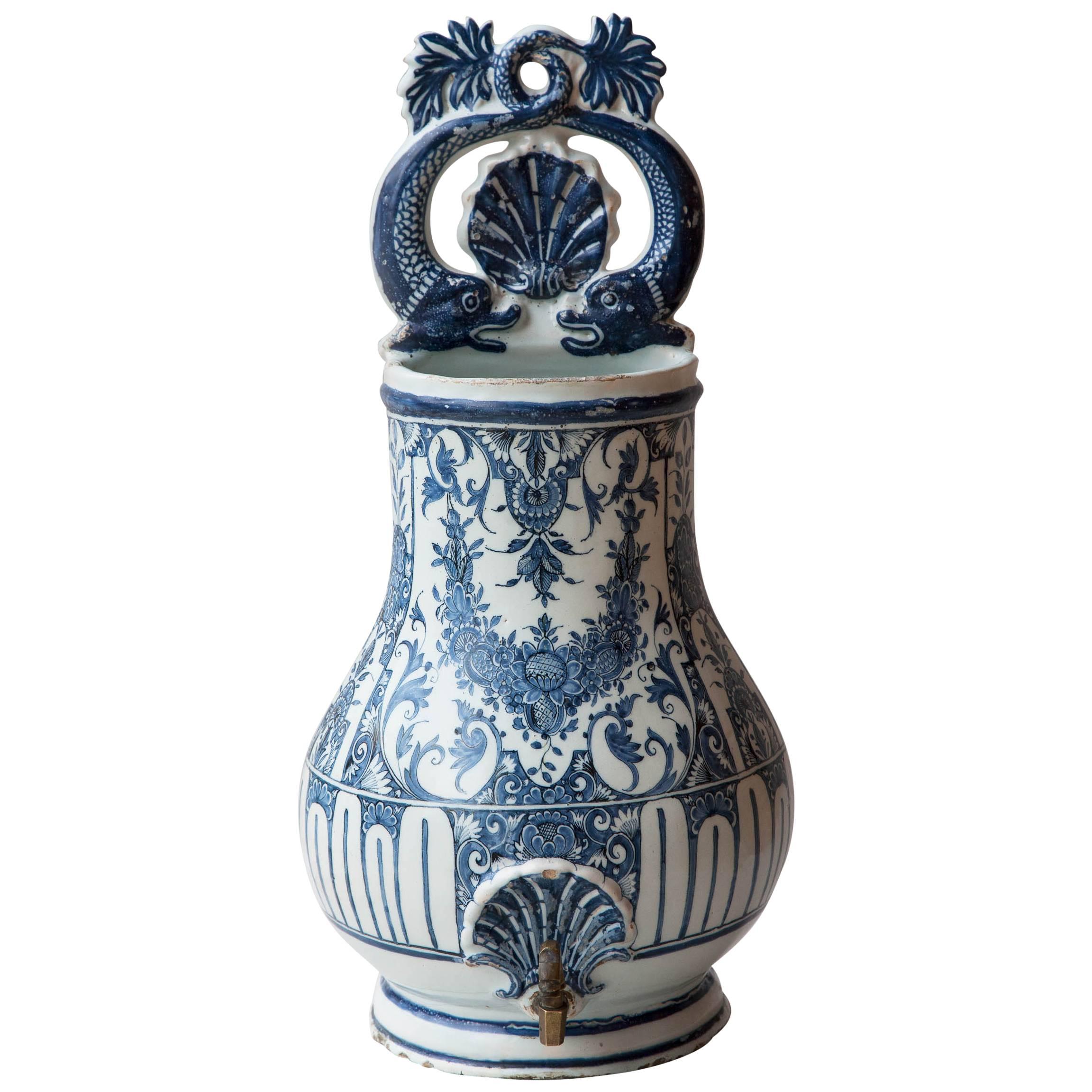 18th Century Rouen Blue And White Faience Wall Fountain For Sale