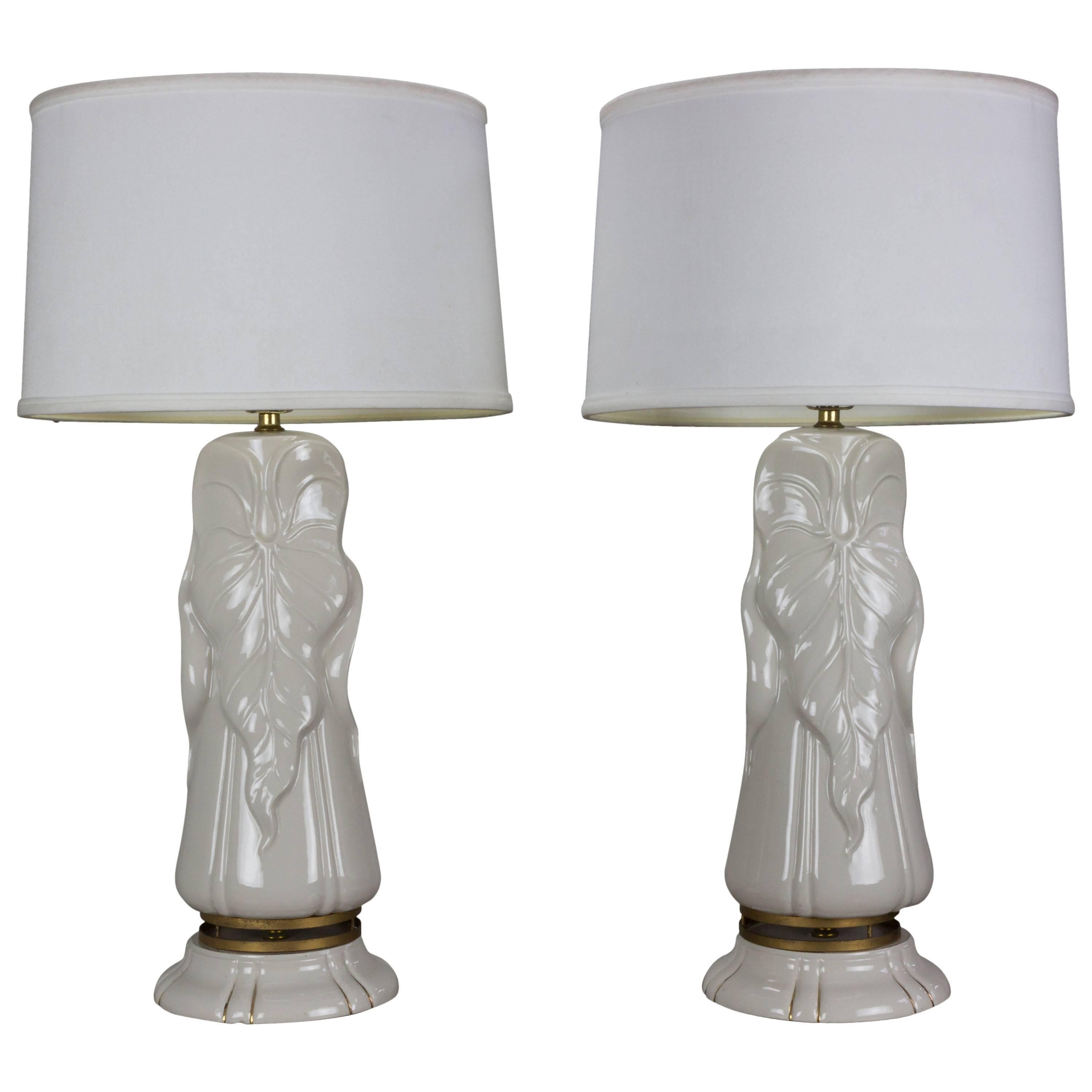 Pair of 1940s Hollywood Glam White Ceramic Lamps With Gold Metal Trim For Sale
