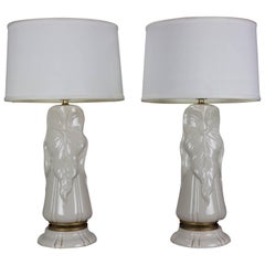 Vintage Pair of 1940s Hollywood Glam White Ceramic Lamps With Gold Metal Trim