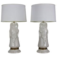 Pair of American 1940s White Ceramic Lamps with Gold Metal Trim 6