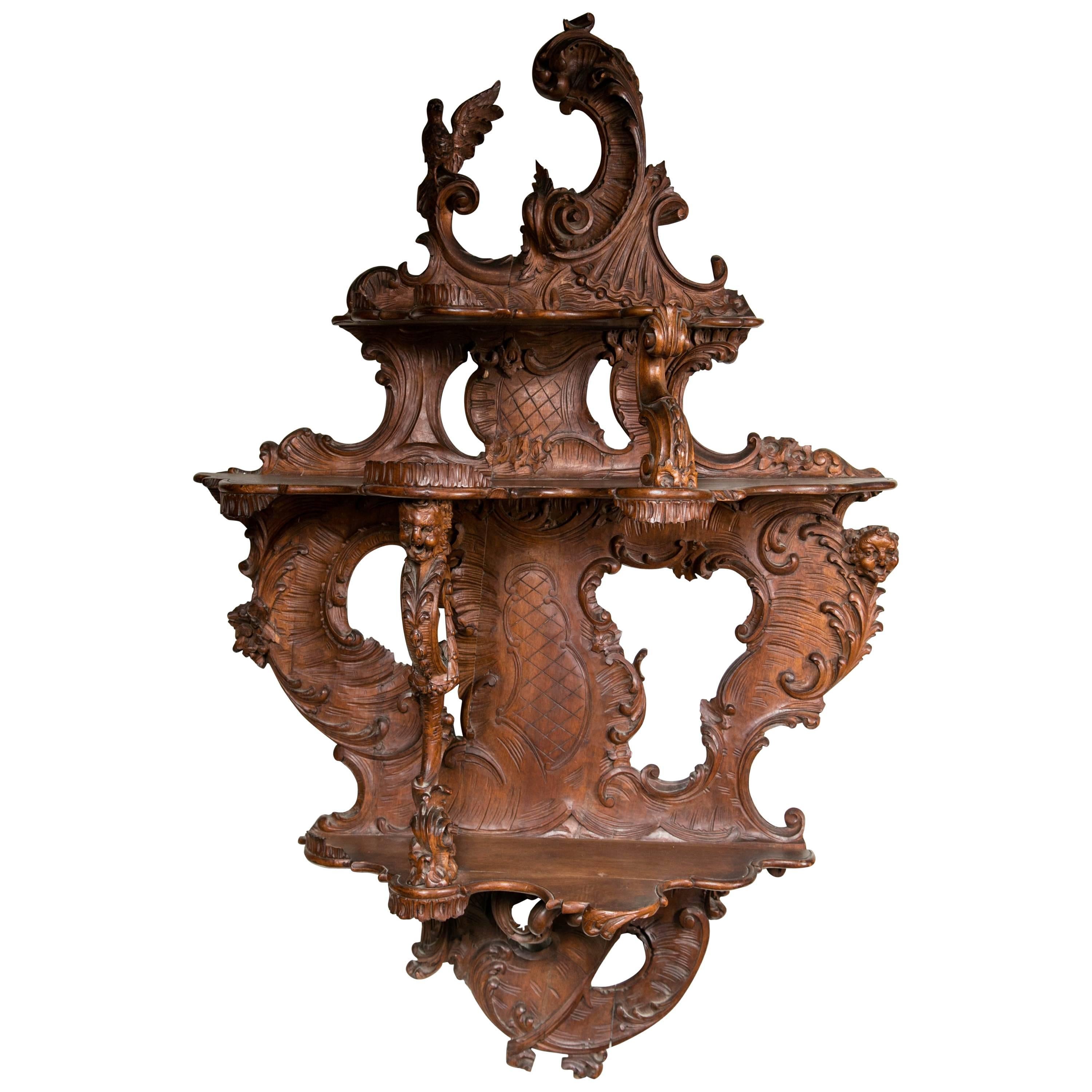 Carved Walnut Three-Shelf Italian Rococo Wall Bracket For Sale