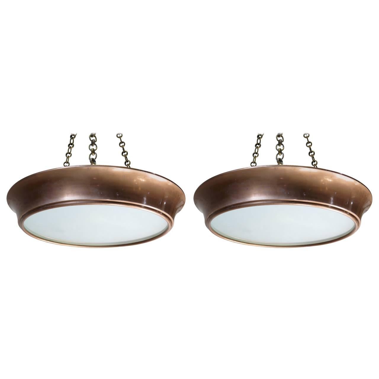 Large Pair of Round Art Deco Hanging Light Fixtures, France, circa 1940s