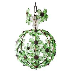 Antique French Bagues Crystal Green Prisms Floral Ball Chandelier