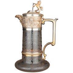 Large Victorian Period Brass Mounted Cut-Glass Claret Jug Pitcher