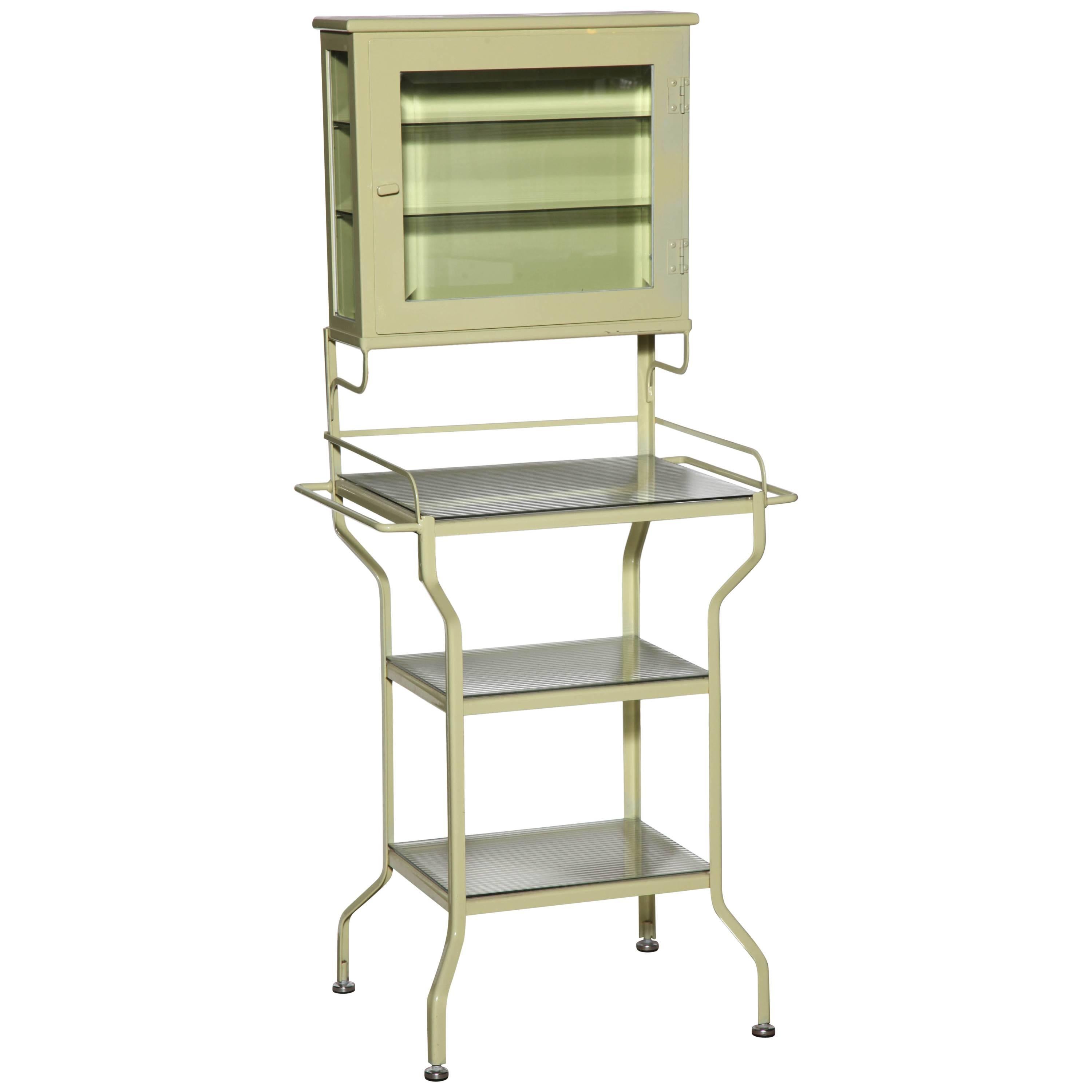 Pale Green Enamel & Glass Storage Cabinet with Five Optical Glass Shelves, 1920s