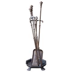 Antique 19th Century Wrought Iron Fireplace Tool Set and Stand, Fire Tools