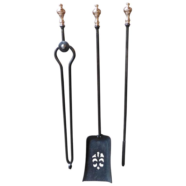 19th Century Polished English Fireplace Tool Set, Fire Tools For Sale