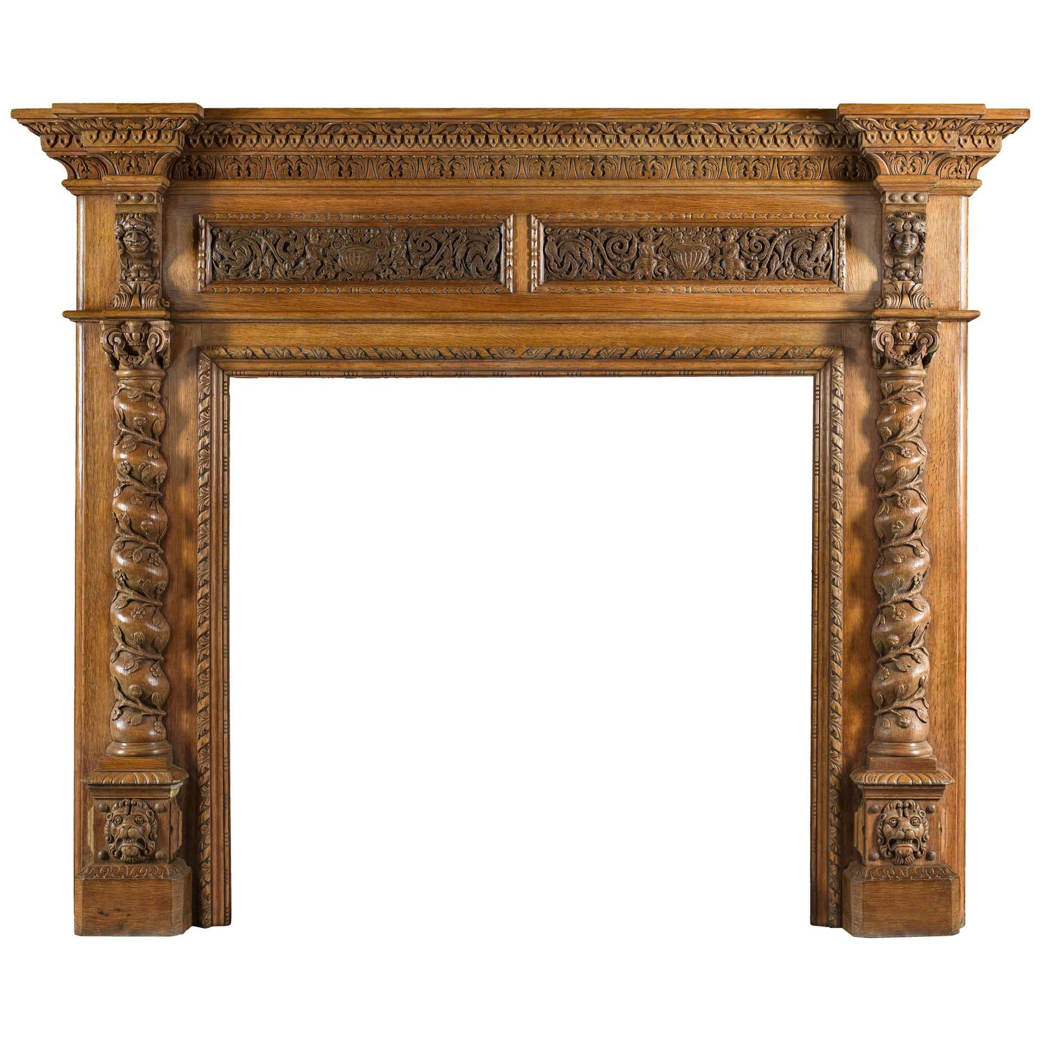 Antique Italian Renaissance Style Carved Oak Antique Fireplace Mantel