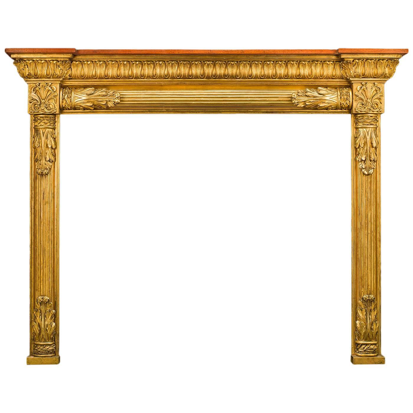 English Regency Pine and Composition, Antique Giltwood Fireplace Mantel