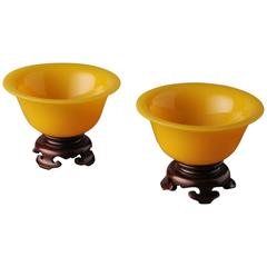 Vintage Pair of Yellow Chinese Beijing Glass Bowls