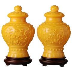 Antique Pair of Yellow Chinese Beijing Glass Vases and Covers