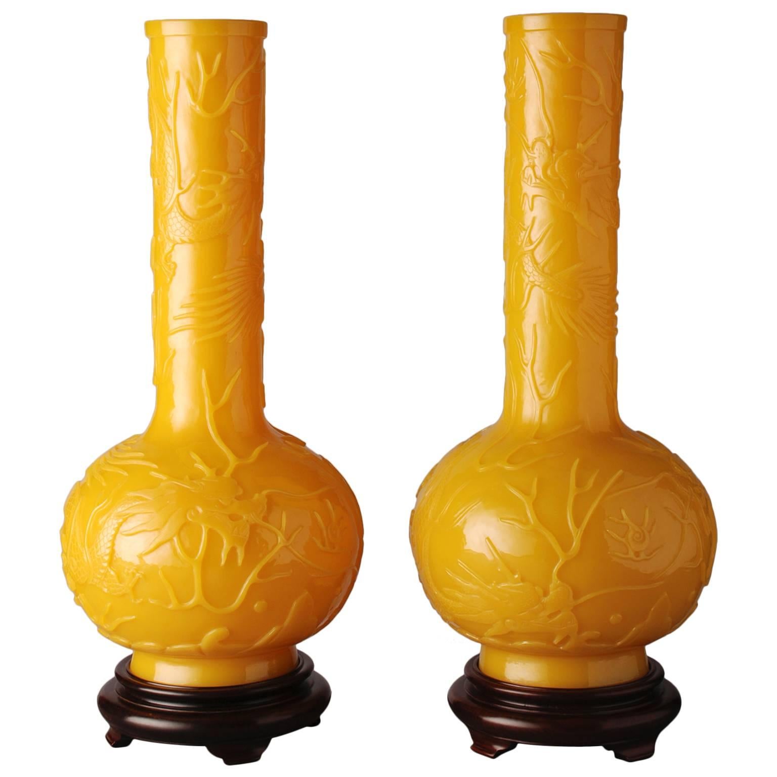 Pair of Chinese Beijing Yellow Glass Dragon Bottles For Sale