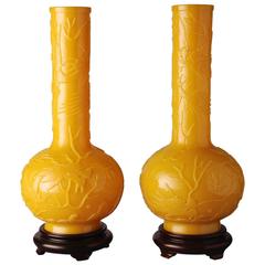 Antique Pair of Chinese Beijing Yellow Glass Dragon Bottles