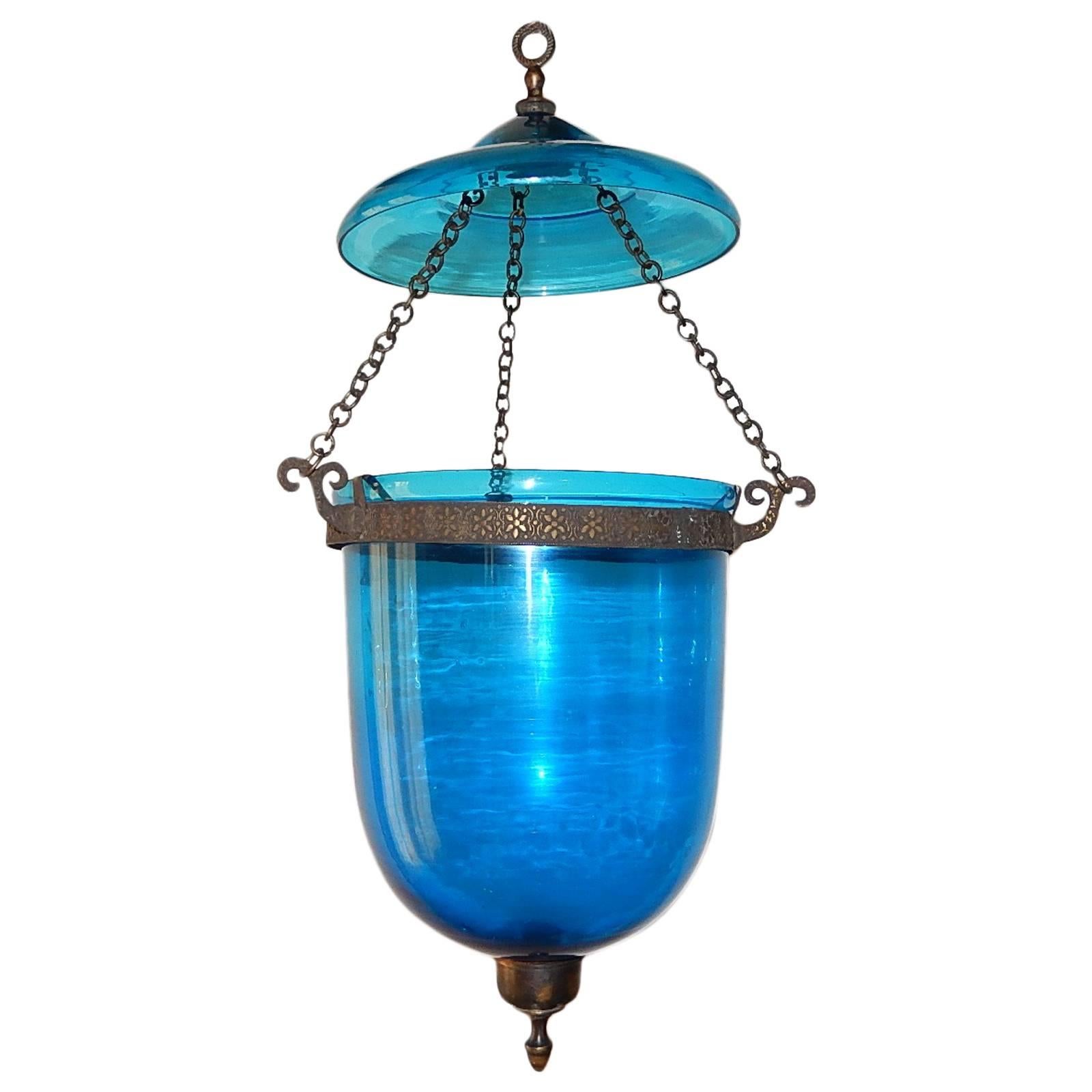 19th Century Cobalt Blue English Bell Jar Lantern Chandelier